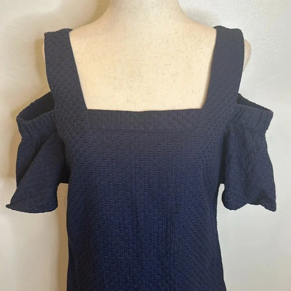 JCREW NAVY BLUE WOVEN TEXTURED COLD SHOULDER DRESS SIDE ZIP - Picture 3 of 10